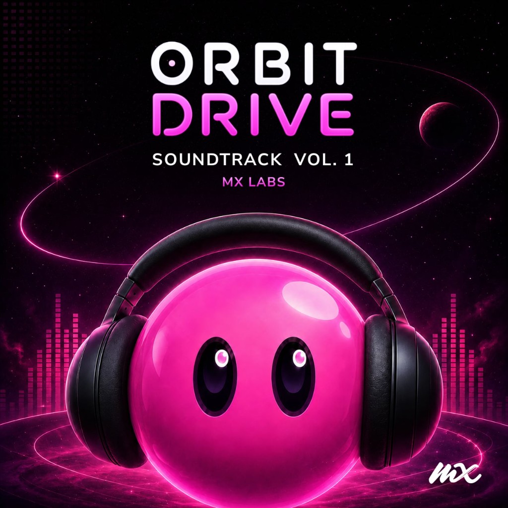Orbit Drive Soundtrack Vol. 1 album cover featuring a pink sphere character wearing headphones